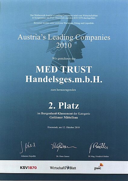 Urkunde 2010 Austrias Leading Companies ALC Award - 2. Platz MED TRUST